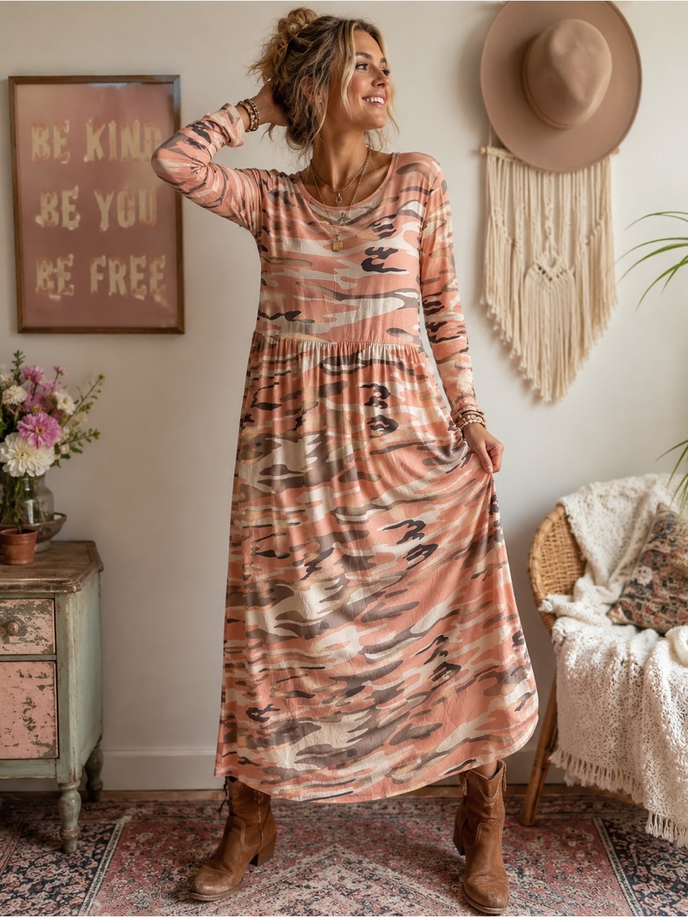 Sleeve Detail Pink Camo Maxi Dress